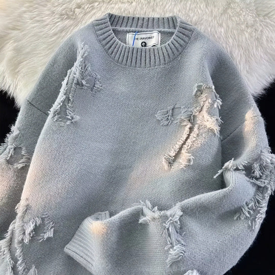 Unisex Oversized Rundhalspullover mit Destroy‑Fransen und geripptem Kragen Shop Nory