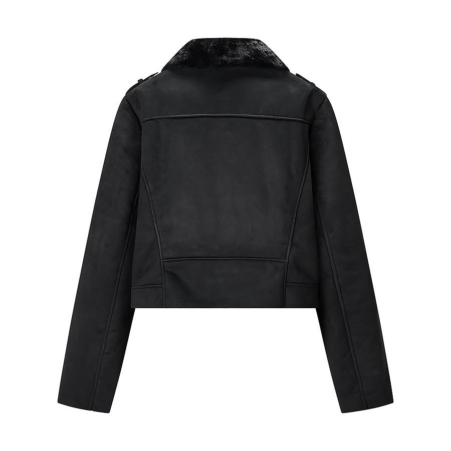 Damen Kurze Bikerjacke mit Kunstfellkragen und Wildlederoptik Shop Nory