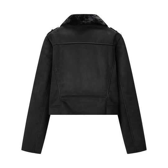 Damen Kurze Bikerjacke mit Kunstfellkragen und Wildlederoptik Shop Nory