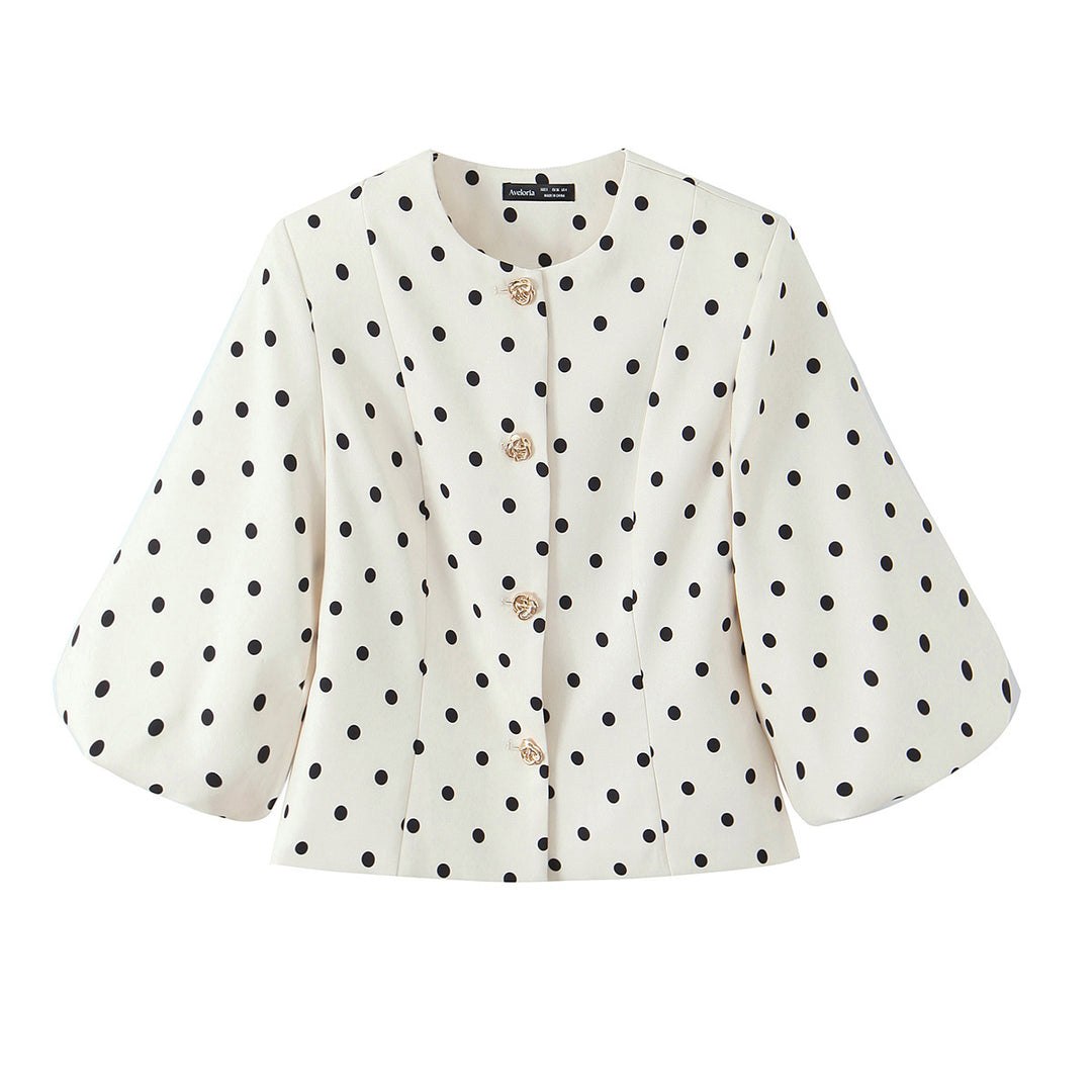 Damen Taillierte Polka‑Dot Blusenjacke mit Volumenärmeln und goldenen Schmuckknöpfen Shop Nory