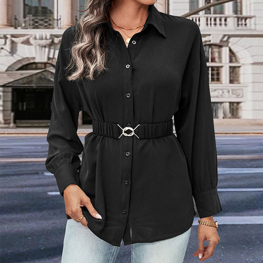 Damen Hemdblusenshirt mit elastischem Taillenband und Schmuckschließe Shop Nory