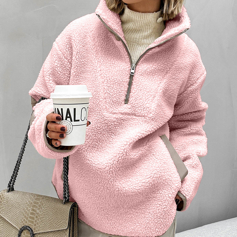 Damen Oversized Sherpa-Fleece Pullover mit halbem Reißverschluss und Kängurutasche Shop Nory