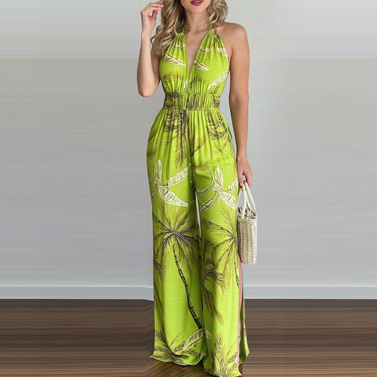 Damen eleganter Jumpsuit mit Spaghettiträgern und hohen Seitenschlitzen