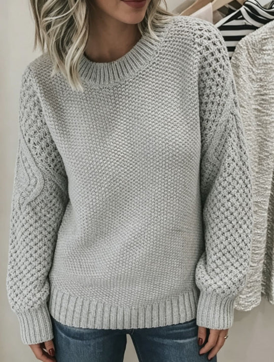 Damen Grobgestrickter Rundhals-Pullover mit Ajour- und Zopfmusterärmeln Shop Nory
