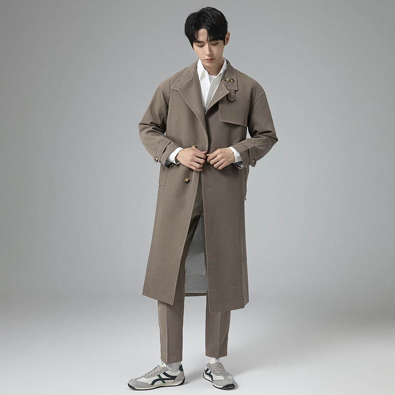 Herren Langer moderner Trenchcoat aus leichtem Twill mit verdeckter Knopfleiste und Taillenriegel Shop Nory