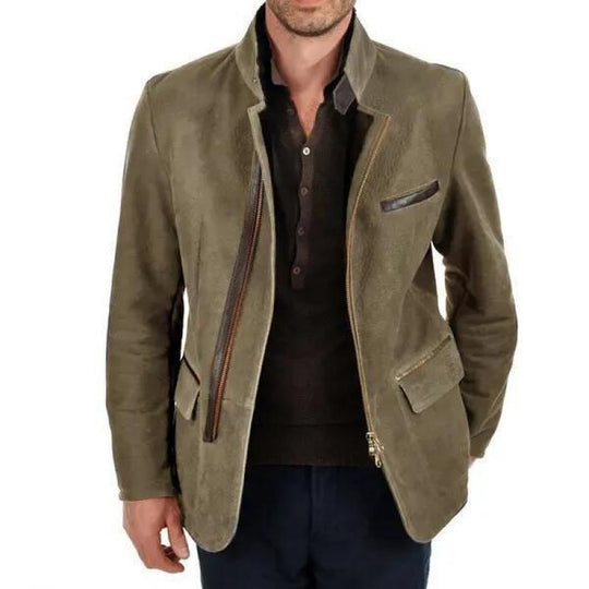 Herren Veloursleder-Fieldjacke im Fliegerstil mit Stehkragen, asymmetrischem beidseitig öffnendem Reißverschluss und kontrastierenden Lederbesätzen Shop Nory