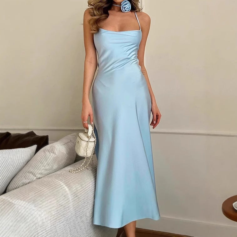 Damen Elegantes Bodenkotan Maxi-Kleid mit schmalen Spaghetti-Trägern und tiefem Ausschnitt