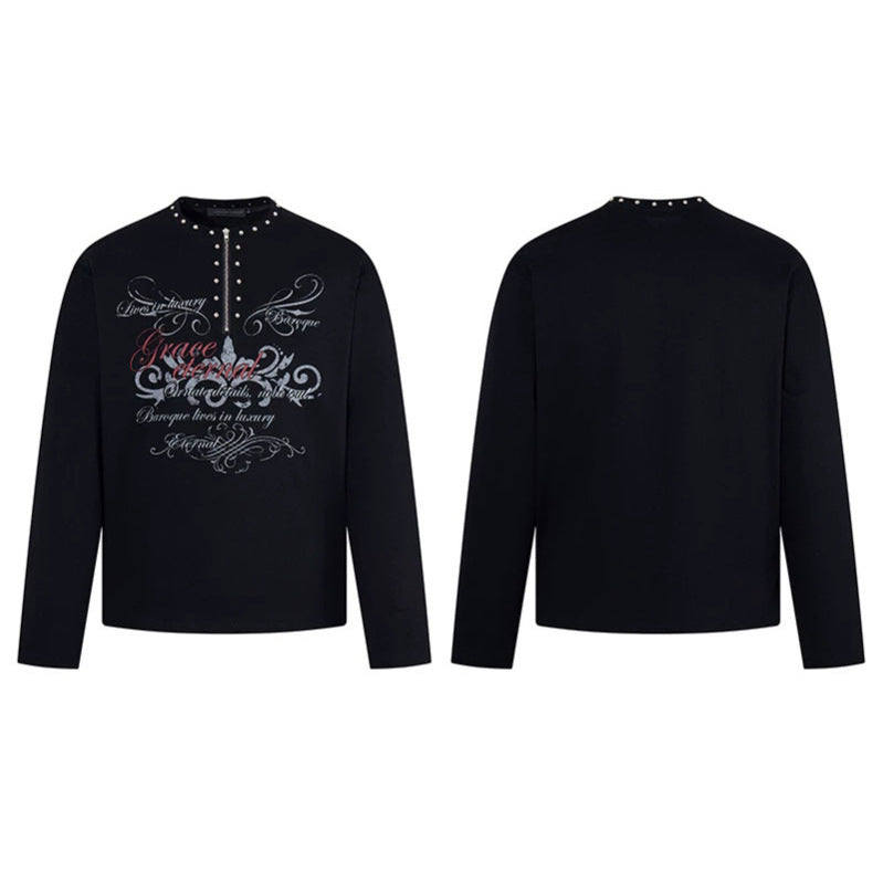Damen Langarmshirt mit Halb-Reißverschluss, Nietenkragen und Barock-Schriftprint Shop Nory