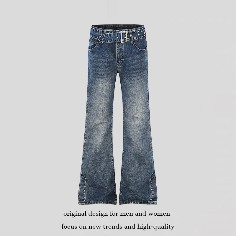 Damen High-Waist Flared-Denimjeans mit Nietenbesatz, weitem Schlag und Ziergürtel Shop Nory