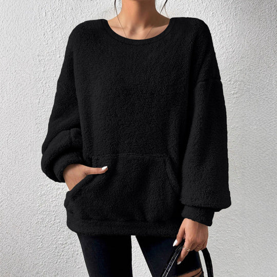 Damen Kuscheliger Oversize-Sherpa-Pullover mit Kängurutasche und Ballonärmeln Shop Nory