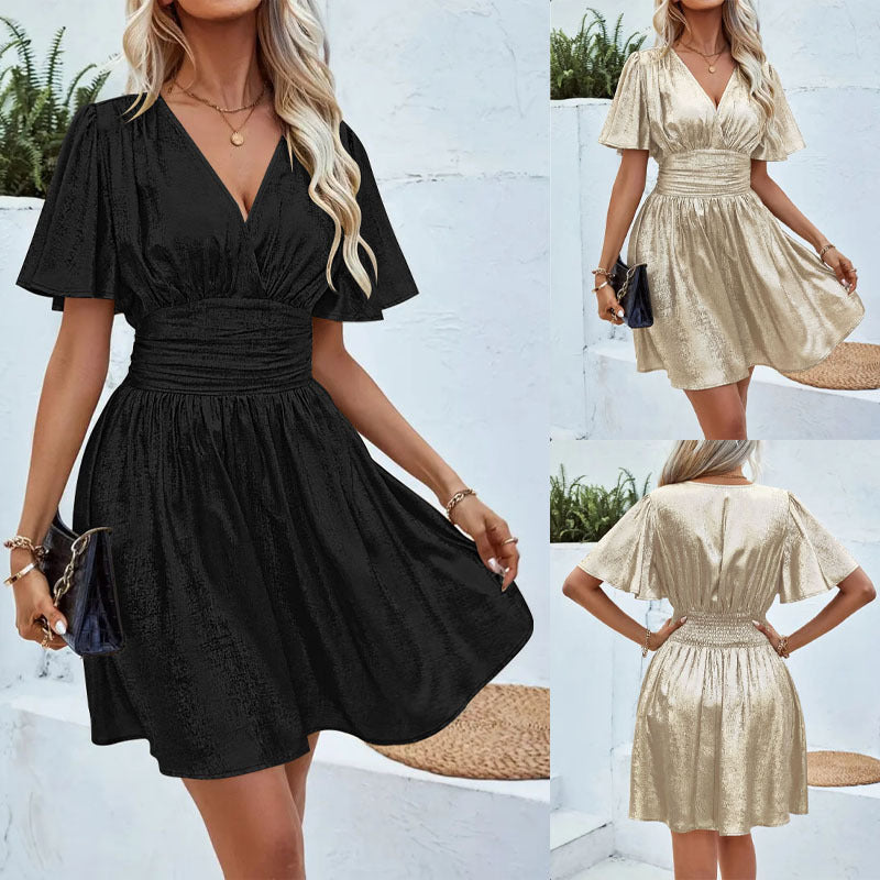 Damen Wickelkleid mit tiefem V-Ausschnitt und voluminösen Ärmeln
