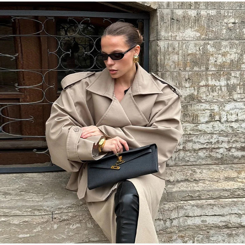 Damen Kurzer Trenchcoat mit Bindegürtel und Cape-Ärmeln Shop Nory