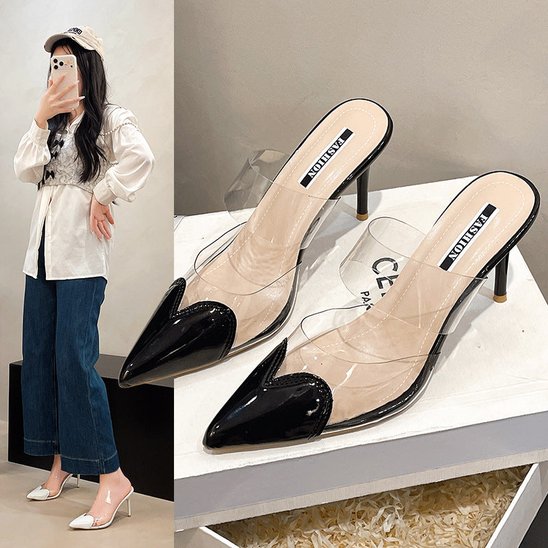 Damen Elegante spitze Mule-Pumps mit transparenten PVC-Riemen und Lackapplikationen Shop Nory