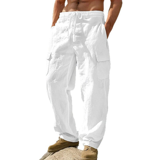 Herren weite Casual-Cargohose aus Leinen-Baumwollmix mit Elastikbund, Tunnelzug und großen Pattentaschen Shop Nory