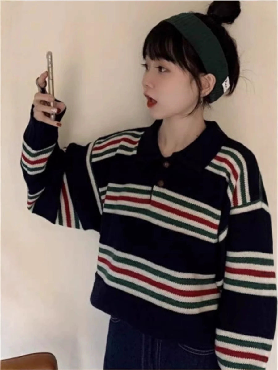 Damen Oversize Polokragen-Strickpullover mit maritimen Blockstreifen und kastiger Cropped-Silhouette Shop Nory