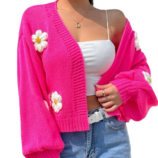 Damen Cropped-Cardigan aus Baumwollmix mit 3D-Blütenapplikationen Shop Nory