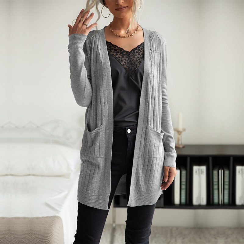 Damen Langer Feinstrick-Cardigan mit Rippenstruktur und Eingrifftaschen Shop Nory