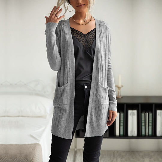Damen Langer Feinstrick-Cardigan mit Rippenstruktur und Eingrifftaschen Shop Nory