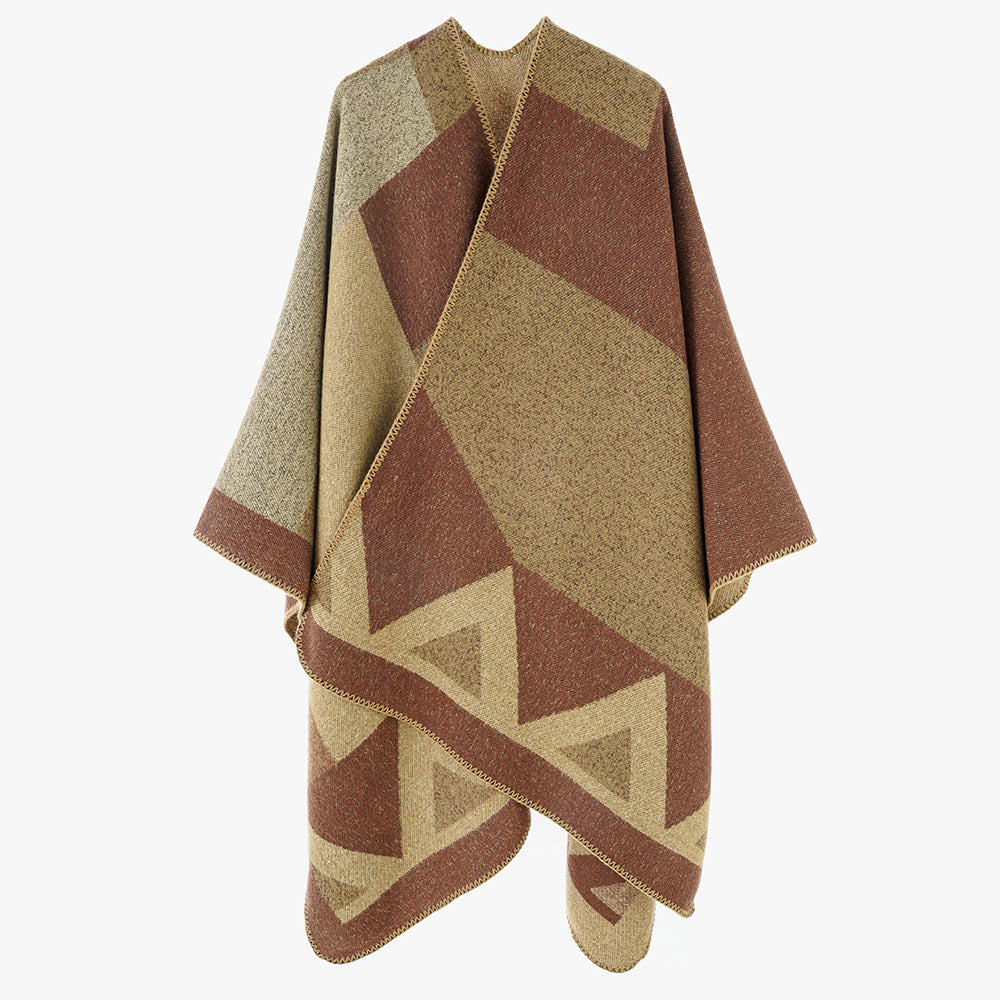 Damen Vielseitiger Wollmix-Überwurfponcho mit geometrischem Jacquard und offener Front Shop Nory
