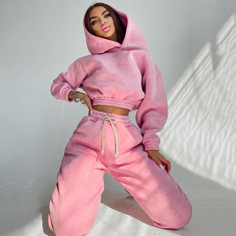 Damen cropped Kapuzen-Sweatset mit elastischem Rippbund und High-Waist Jogginghose Shop Nory