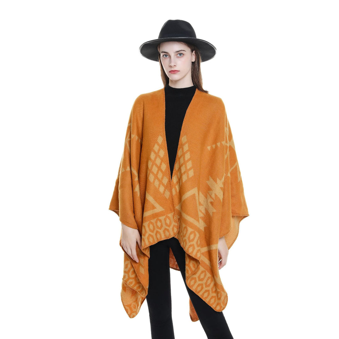 Damen Ruana‑Poncho im Oversize mit Kaschmir‑Touch, geometrischem Jacquard und offener Kimono‑Silhouette Shop Nory