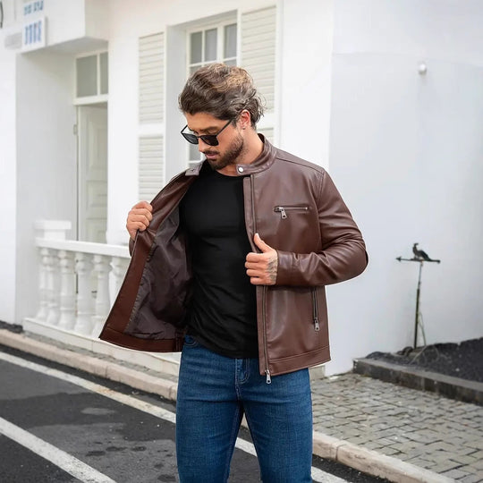 Herren moderne Kunstlederjacke mit Reißverschlüssen