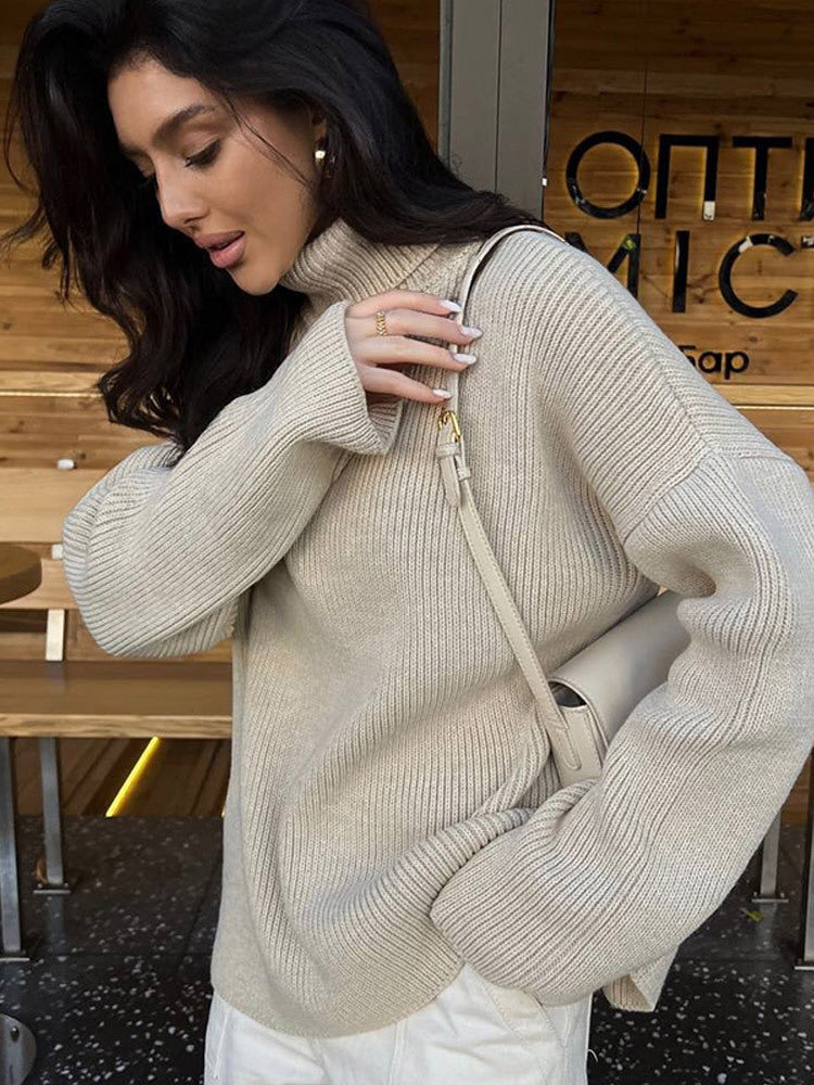 Damen Oversized Rippenstrick Rollkragenpullover mit verlängerter Manschette Shop Nory