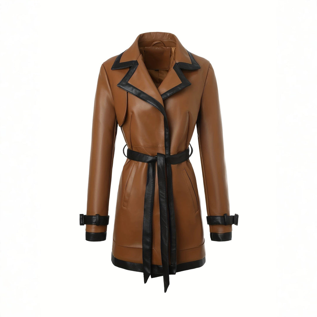 Damen taillierter Kunstleder-Trenchcoat mit kontrastbesatz und Bindegürtel Shop Nory