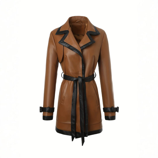 Damen taillierter Kunstleder-Trenchcoat mit kontrastbesatz und Bindegürtel Shop Nory