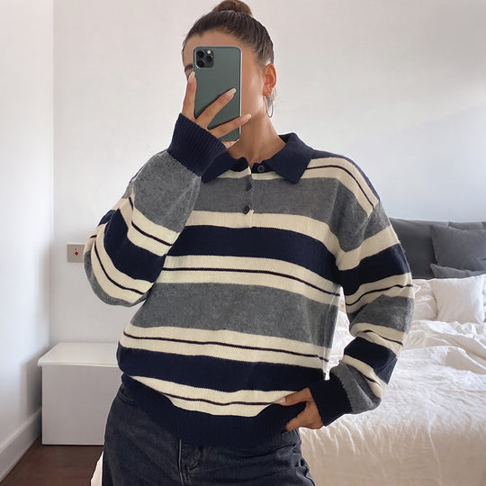 Damen Oversize-Strickpullover mit Polokragen, Streifenmuster und Knopfblende Shop Nory