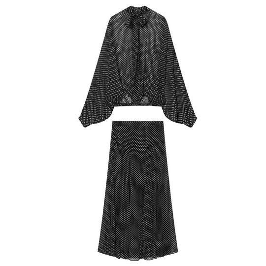 Damen Zweiteiliges Set aus leichtem Chiffon mit weitem Midirock und Ballonärmel-Bluse mit Schleifenkragen Shop Nory