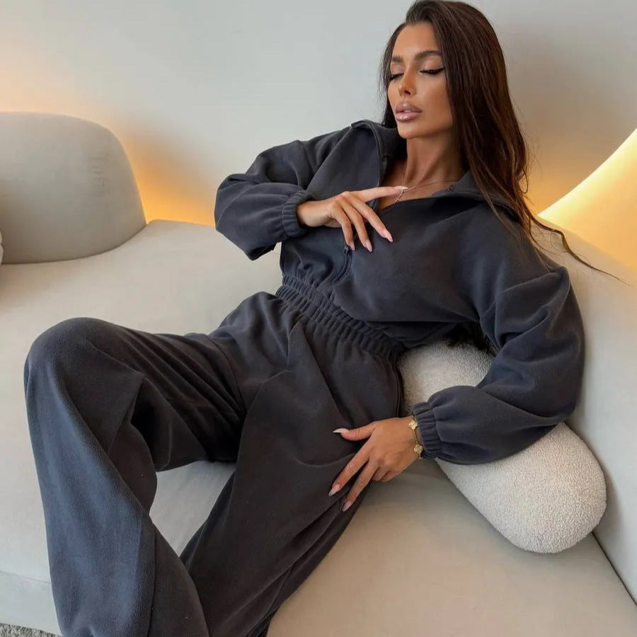 Damen eleganter Lounge-Overall mit elastischer Taillenpartie, Stehkragen, Reißverschluss und weitem Bein Shop Nory