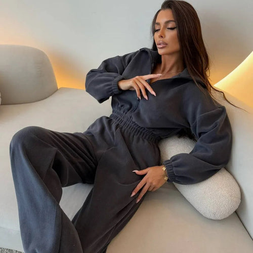 Damen eleganter Lounge-Overall mit elastischer Taillenpartie, Stehkragen, Reißverschluss und weitem Bein Shop Nory