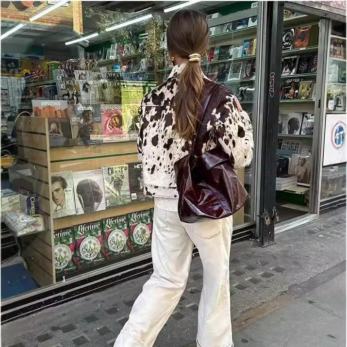 Damen Gekürzte Hemdjacke mit Kuhfleckenmuster und aufgesetzten Brusttaschen Shop Nory