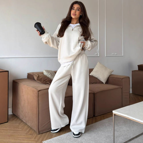 Damen Bequeme und elegante Langarm-Pullover mit Reißverschluss und weiten Jogginghose Shop Nory