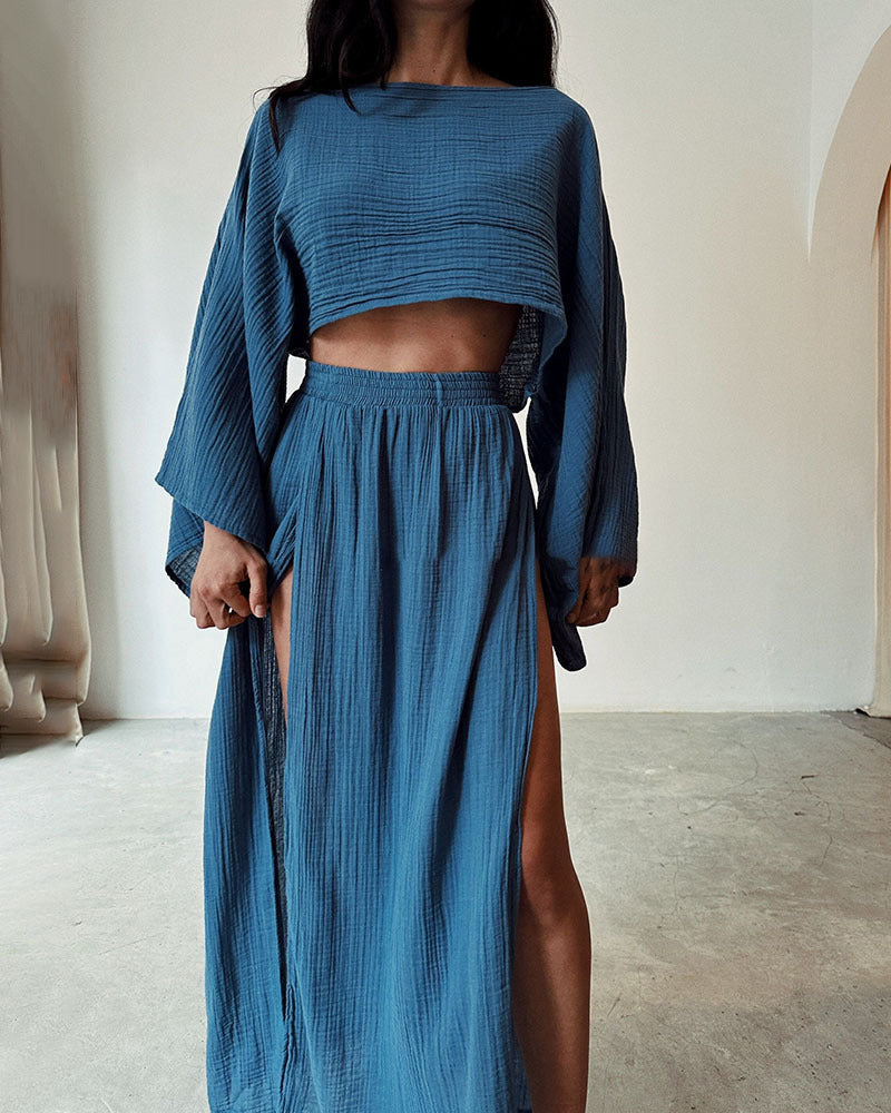 Damen luftiges Set aus cropped Oberteil und hoch geschnittenem Rock