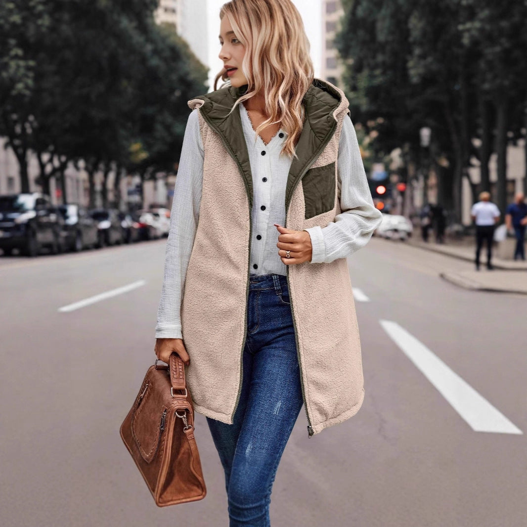 Damen Lange Steppweste mit Kapuze und Teddyfutter Shop Nory