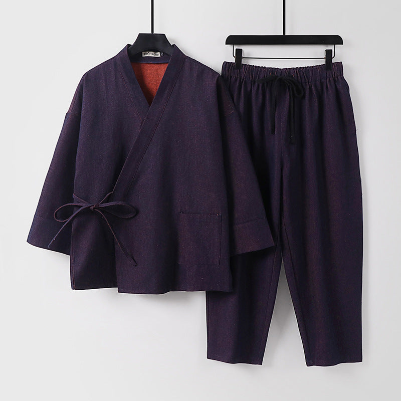 Unisex Lässiges Denim-Kimono-Set mit kurzarm Jacke, Bindeband und elastischer Bundhose Shop Nory