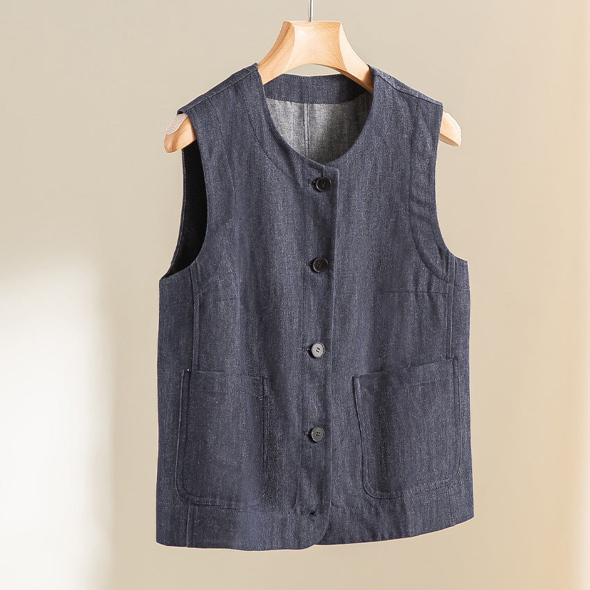 Damen Ärmellose leicht taillierte Weste aus Leinen-Denim mit Knopfleiste und aufgesetzten Taschen Shop Nory