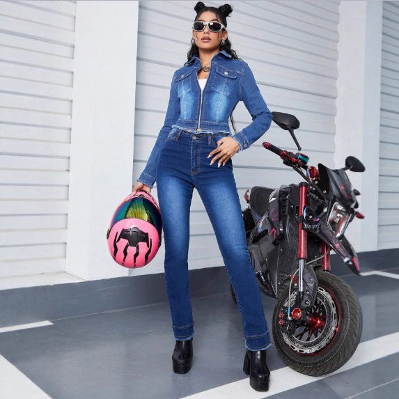 Damen kurz geschnittene taillierte Jeansjacke mit Reißverschluss und rohem Bund Shop Nory