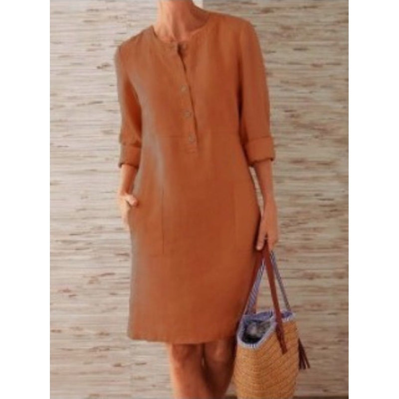 Damen Locker geschnittenes Leinenoptik-Kleid mit dreiviertel-Ärmeln, Knopfleiste und Eingrifftaschen Shop Nory