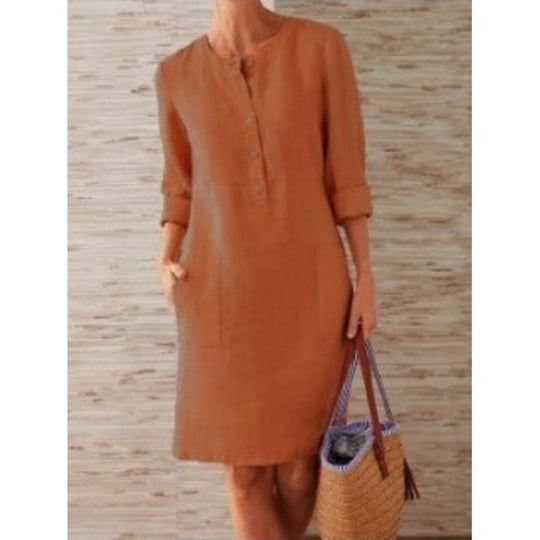 Damen Locker geschnittenes Leinenoptik-Kleid mit dreiviertel-Ärmeln, Knopfleiste und Eingrifftaschen Shop Nory