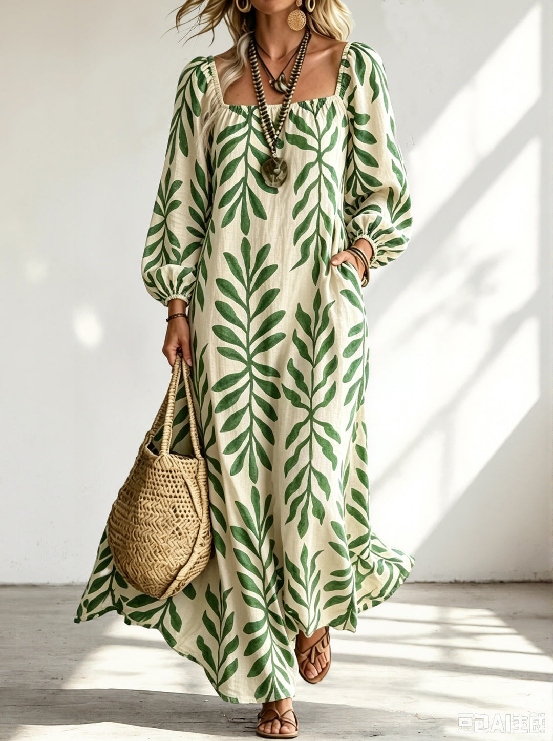 Damen Maxikleid mit quadratischem Ausschnitt, Ballonärmeln und botanischem Print Shop Nory