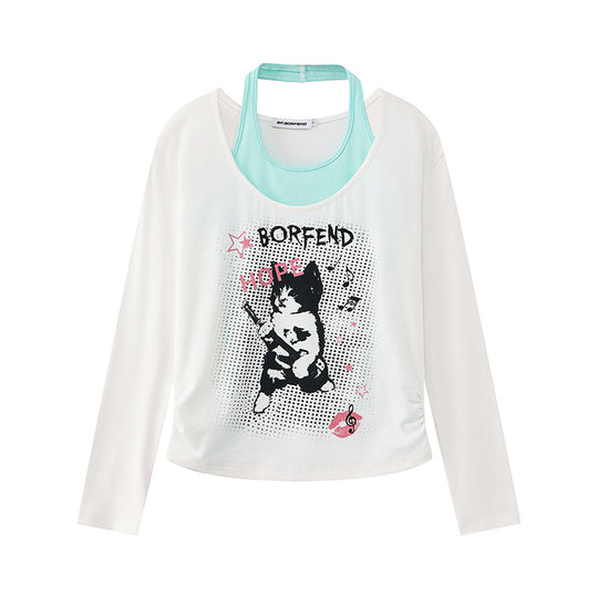 Damen Lagen-Langarmshirt mit Racerback-Innenlayer und Cartoon-Katzenprint Shop Nory