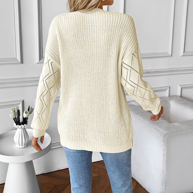 Damen Gestrickter V‑Ausschnitt‑Pullover mit Spitzen‑Einsatz und Ajourärmeln Shop Nory