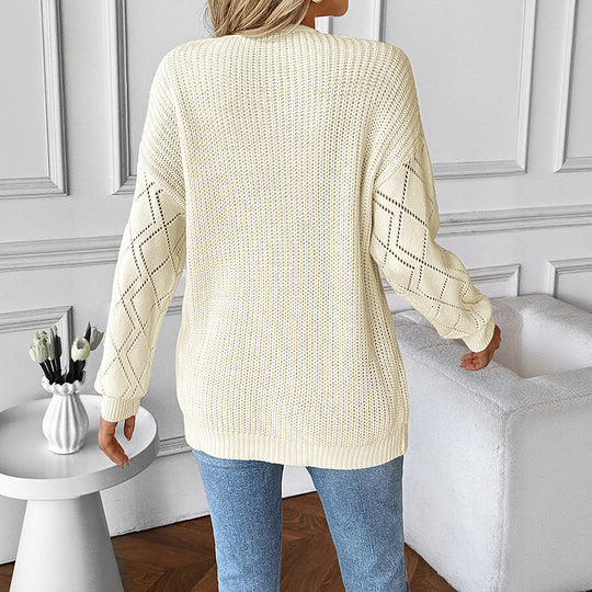 Damen Gestrickter V‑Ausschnitt‑Pullover mit Spitzen‑Einsatz und Ajourärmeln Shop Nory