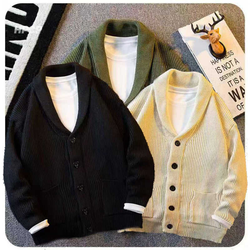 Herren Schalkragen-Cardigan aus grobem Rippstrick mit Taschen & Knopfleiste Shop Nory