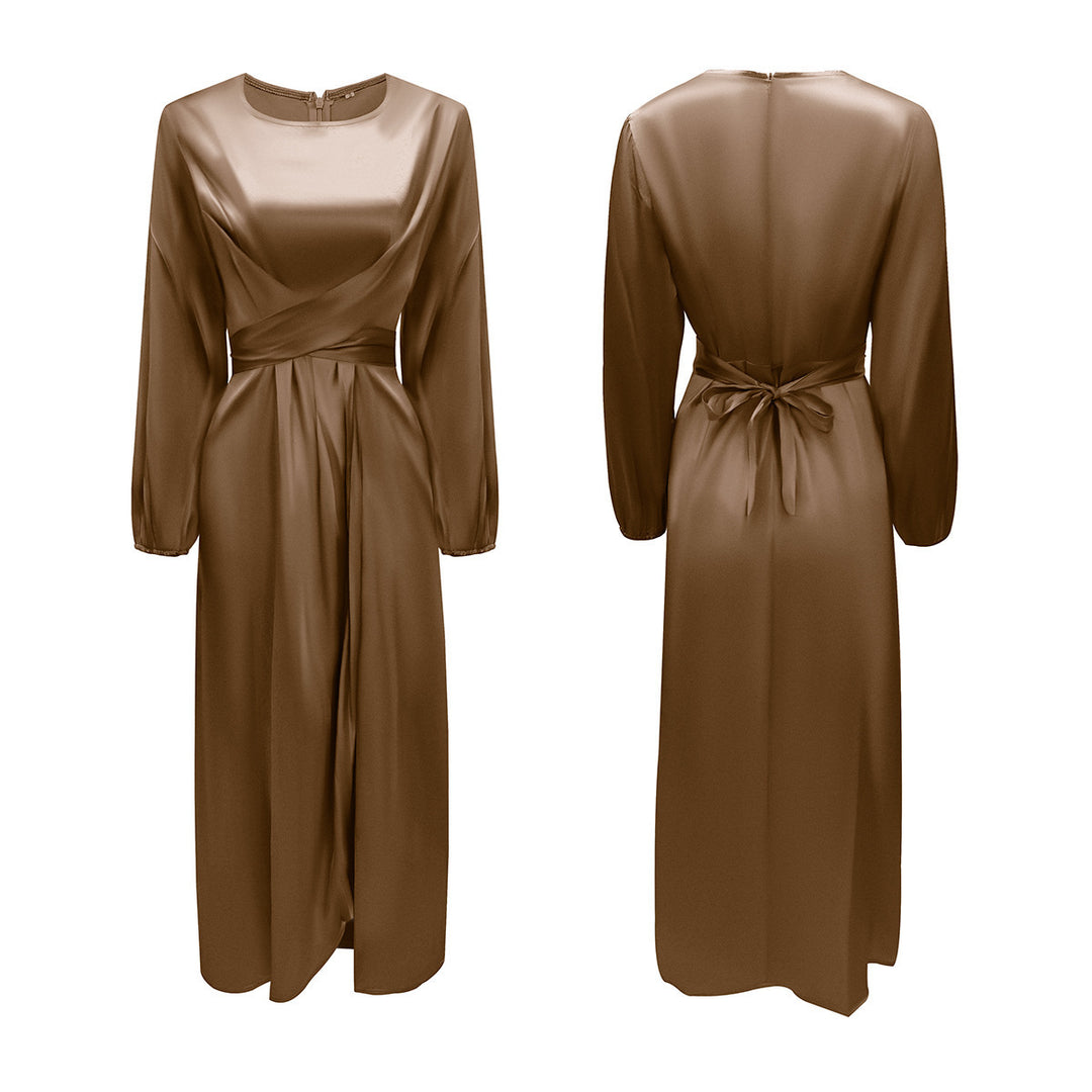 Damen Elegantes Maxikleid aus Satin mit Wickel-Detail, Langarm und Taillenband Shop Nory