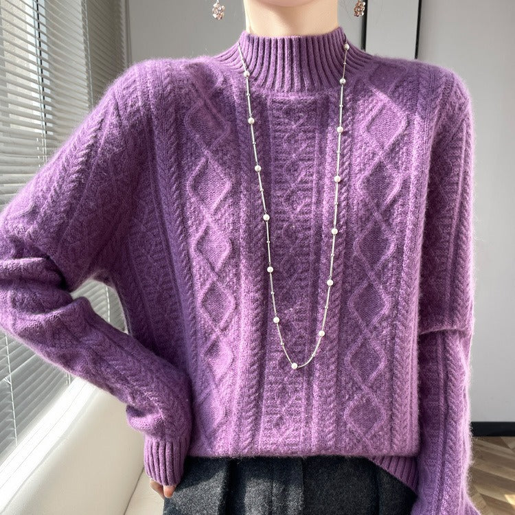Damen Kuscheliger Mohair‑Optik Mockneckpullover mit Rautenzopfstruktur und kastiger Silhouette Shop Nory