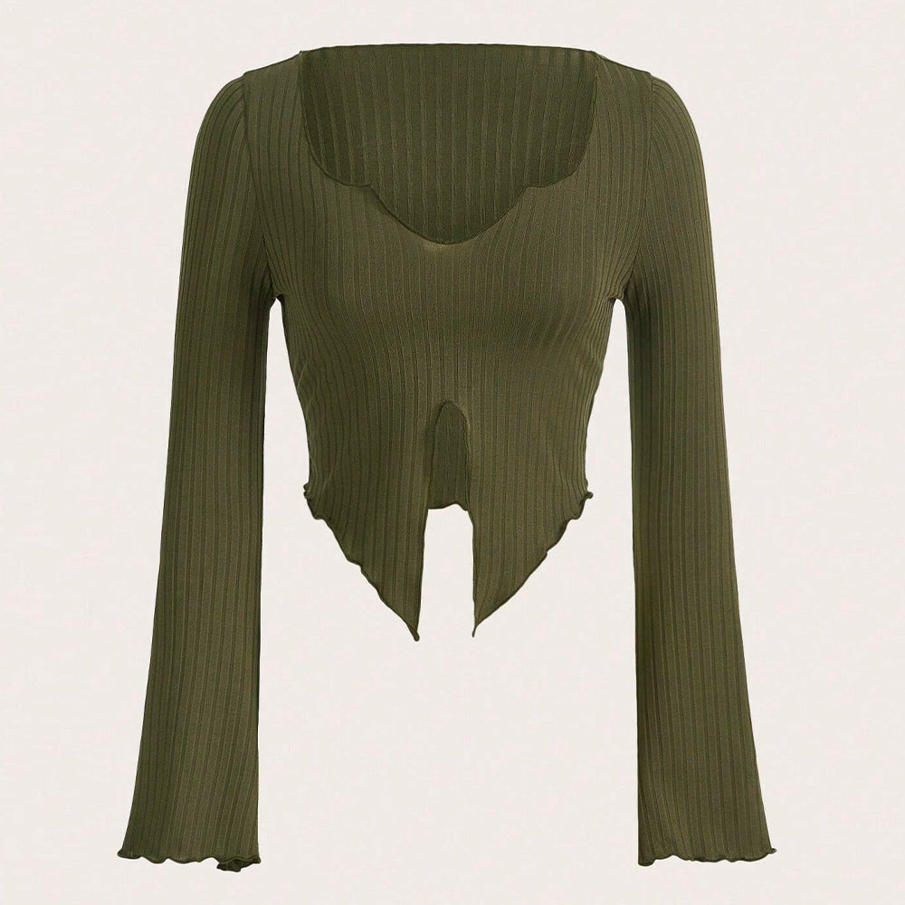 Damen fein geripptes Cropped-Longsleeve mit asymmetrischem Wellensaum und Cut-Out Shop Nory